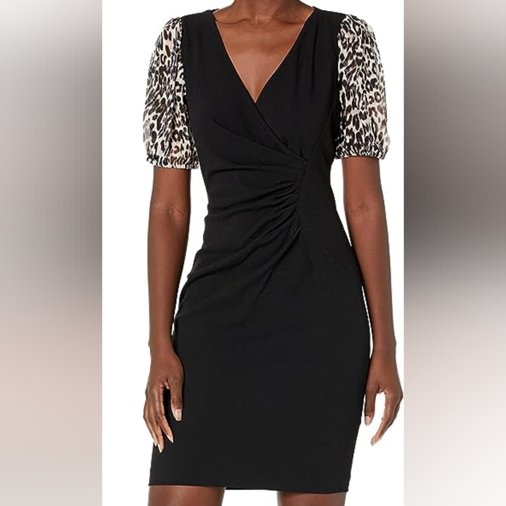 NWT DKNY Women's Scuba Crepe Chiffon Mixed Media Side Ruched Dress